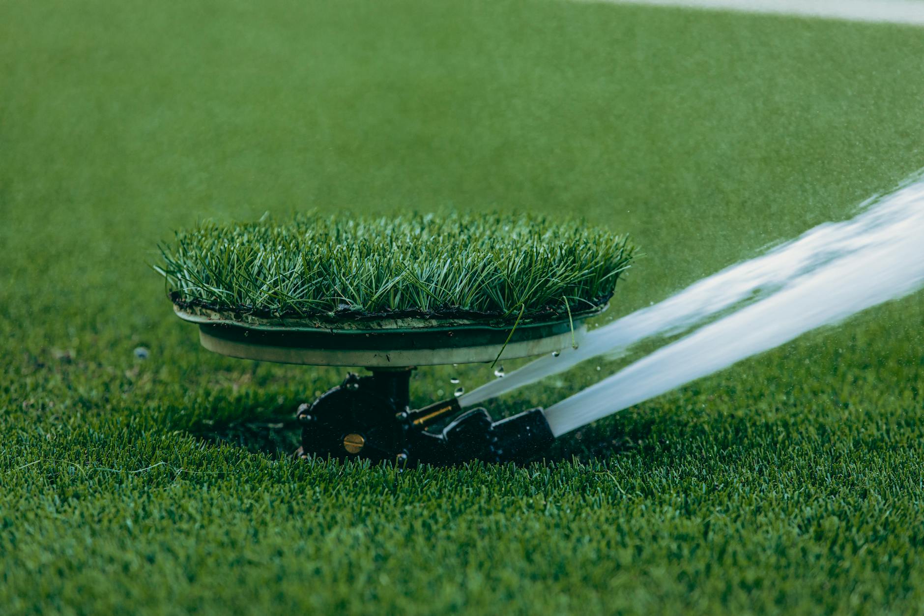 Zraszacz automatycznego nawadniania podlewa trawnik w inteligentnym ogrodzie